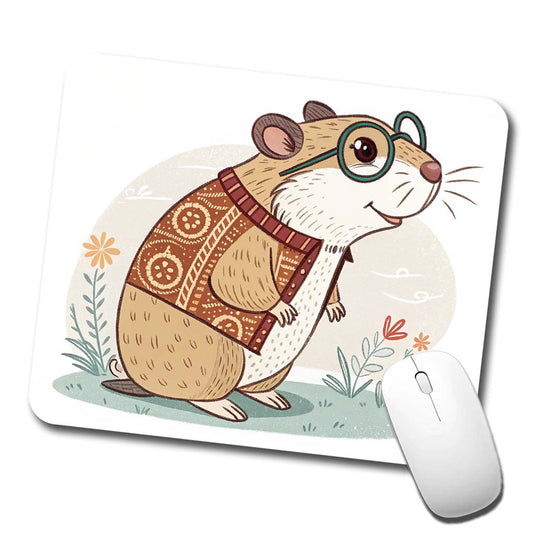 Cool Hamster Wearing Glasses Retro Illustration Cute Low Profile Mouse Pad Mat