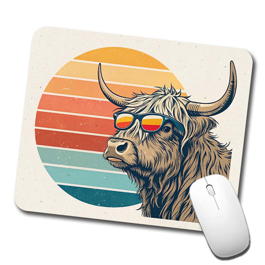 Cool Highland Cow Wearing Sunglasses Retro Illustration Low Profile Mouse Pad Mat