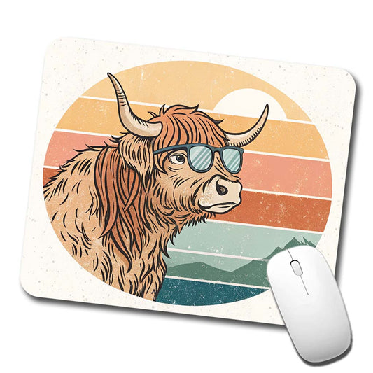 Cool Highland Cow Wearing Sunglasses Retro Low Profile Mouse Pad Mat