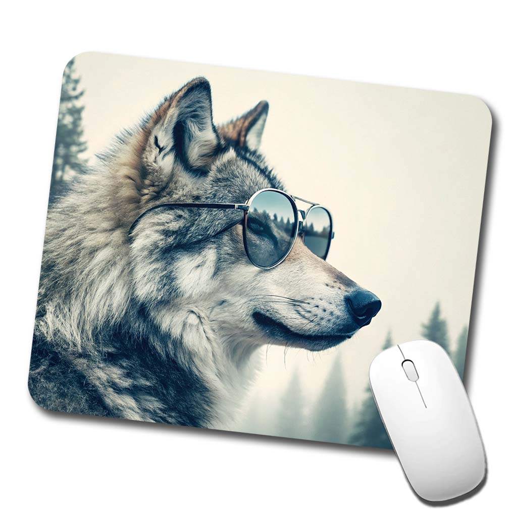 Cool Wolf Wearing Misty Woods Low Profile Mouse Pad Mat