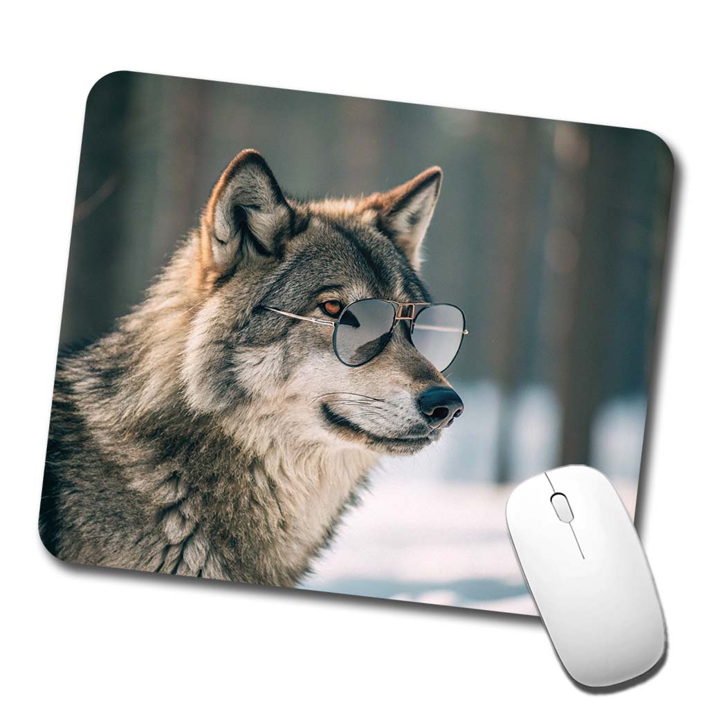 Cool Wolf Wearing Sunglasses Low Profile Mouse Pad Mat
