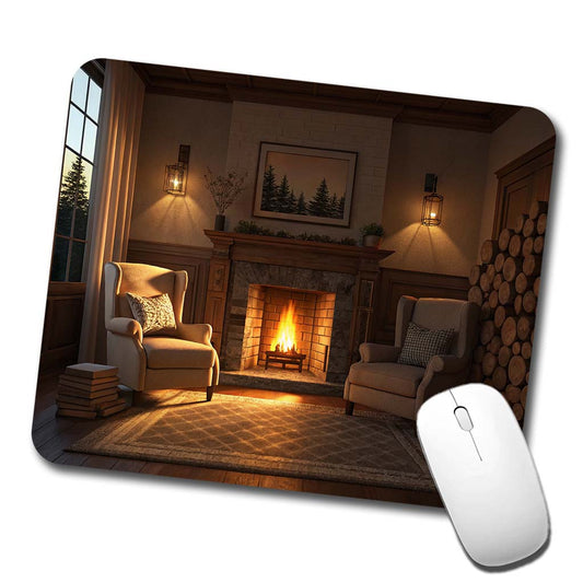 Cozy Fireplace Scene Low Profile Mouse Pad Mat