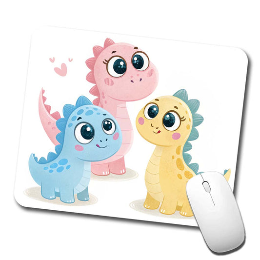 Cute Pastel Colored Cartoon Dinosaurs Big Eyes Low Profile Mouse Pad Mat