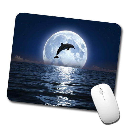 Dolphin Leaping Over Ocean Sea Full Moon Low Profile Mouse Pad Mat