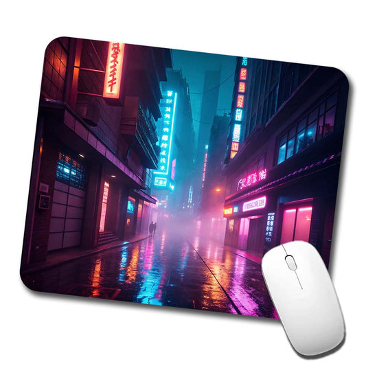 Futuristic City Alley Night Glowing Signs Low Profile Mouse Pad Mat