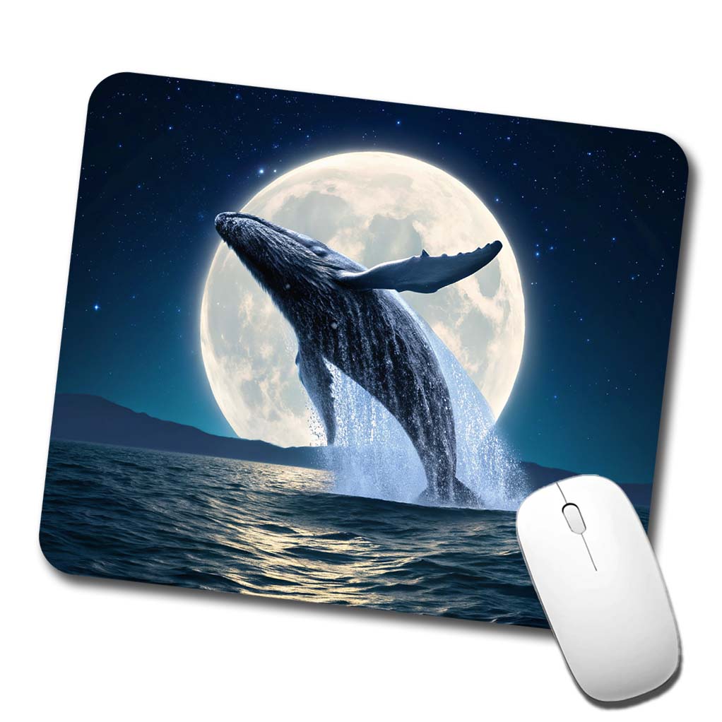 Giant Whale Leaping Over Ocean Moon Low Profile Mouse Pad Mat