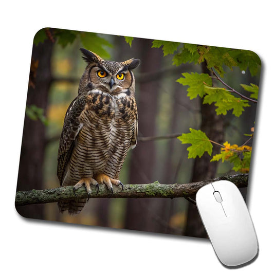 Great Horned Owl In Forest Low Profile Mouse Pad Mat