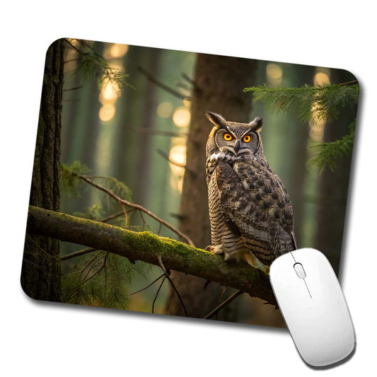 Great Horned Owl On Branch Low Profile Mouse Pad Mat