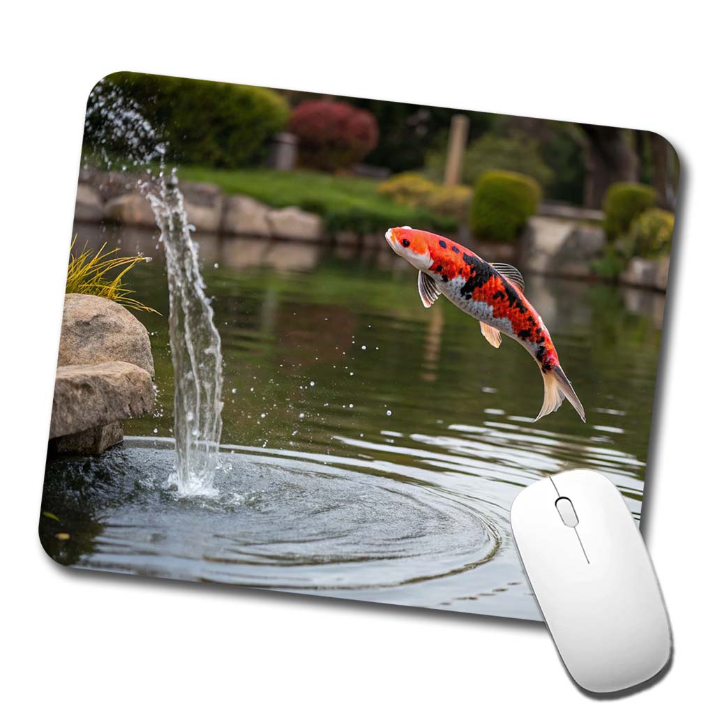 Koi Fish Jumping Out Of Pond Low Profile Mouse Pad Mat
