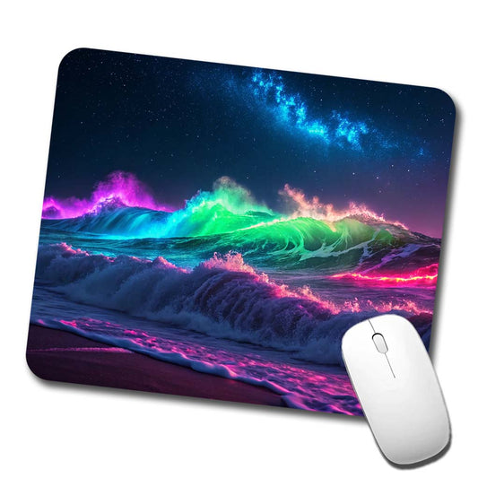 Neon Ocean Waves Night Low Profile Mouse Pad Mat