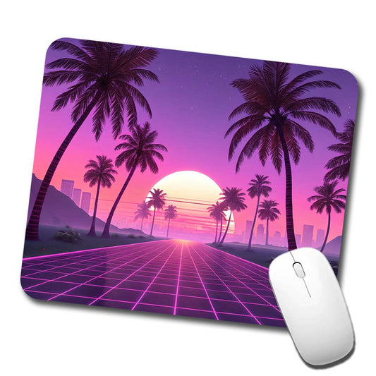 Neon Pinks Purples Palm Trees Sun Setting Low Profile Mouse Pad Mat
