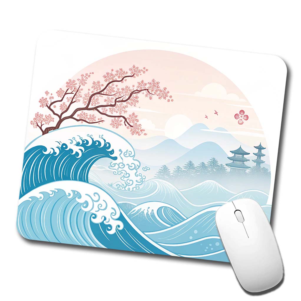 Ocean Waves Japanese Style Cherry Blossoms Low Profile Mouse Pad Mat