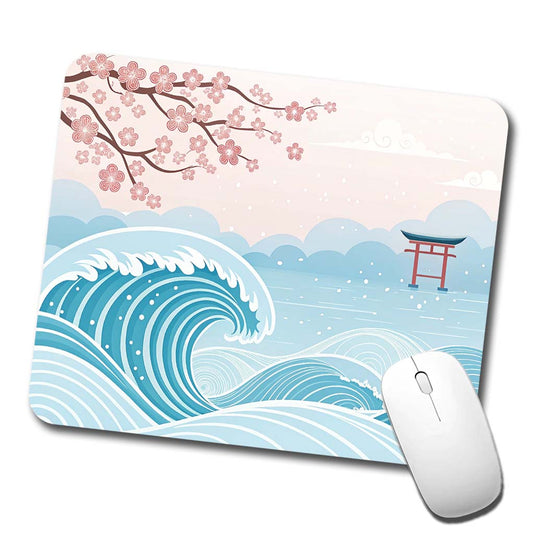 Ocean Waves Japanese Style Drawing Cherry Blossoms Low Profile Mouse Pad Mat