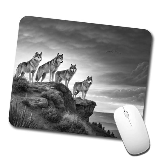 Pack Of Wolves On A Cliff Black White Low Profile Mouse Pad Mat