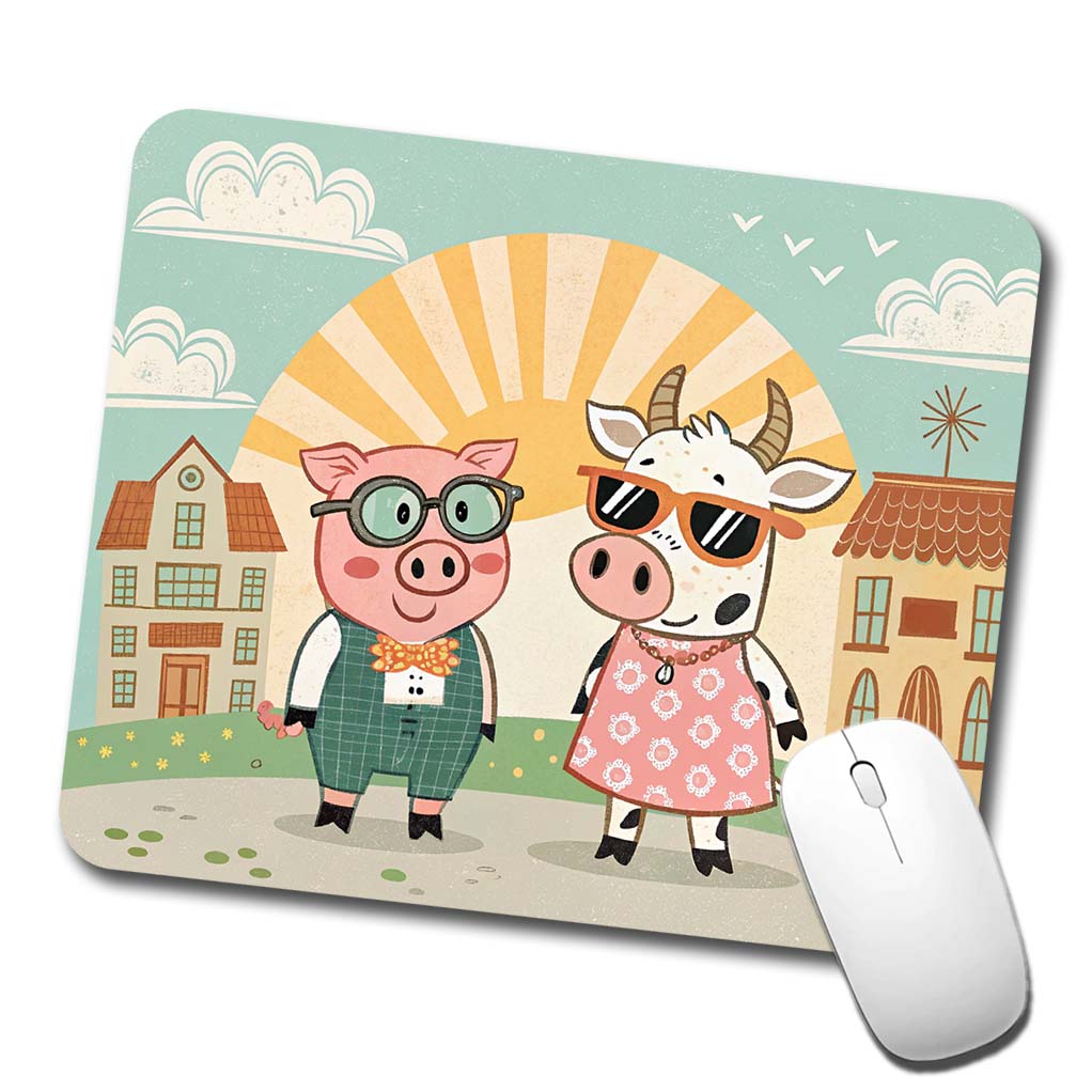 Pig And Cow Wearing Glasses Sunglasses Low Profile Mouse Pad Mat