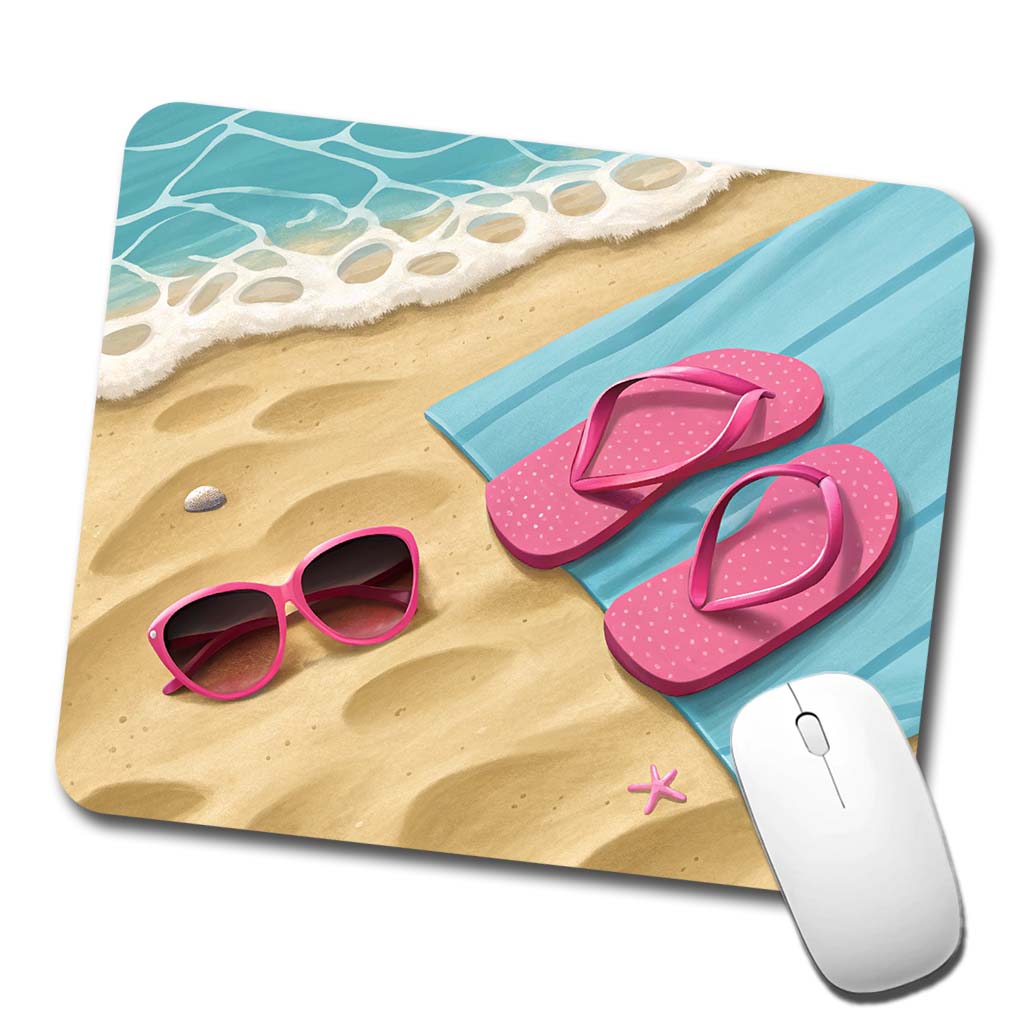 Pink Sunglasses Flip Flops Towel On Sand Beach Low Profile Mouse Pad Mat