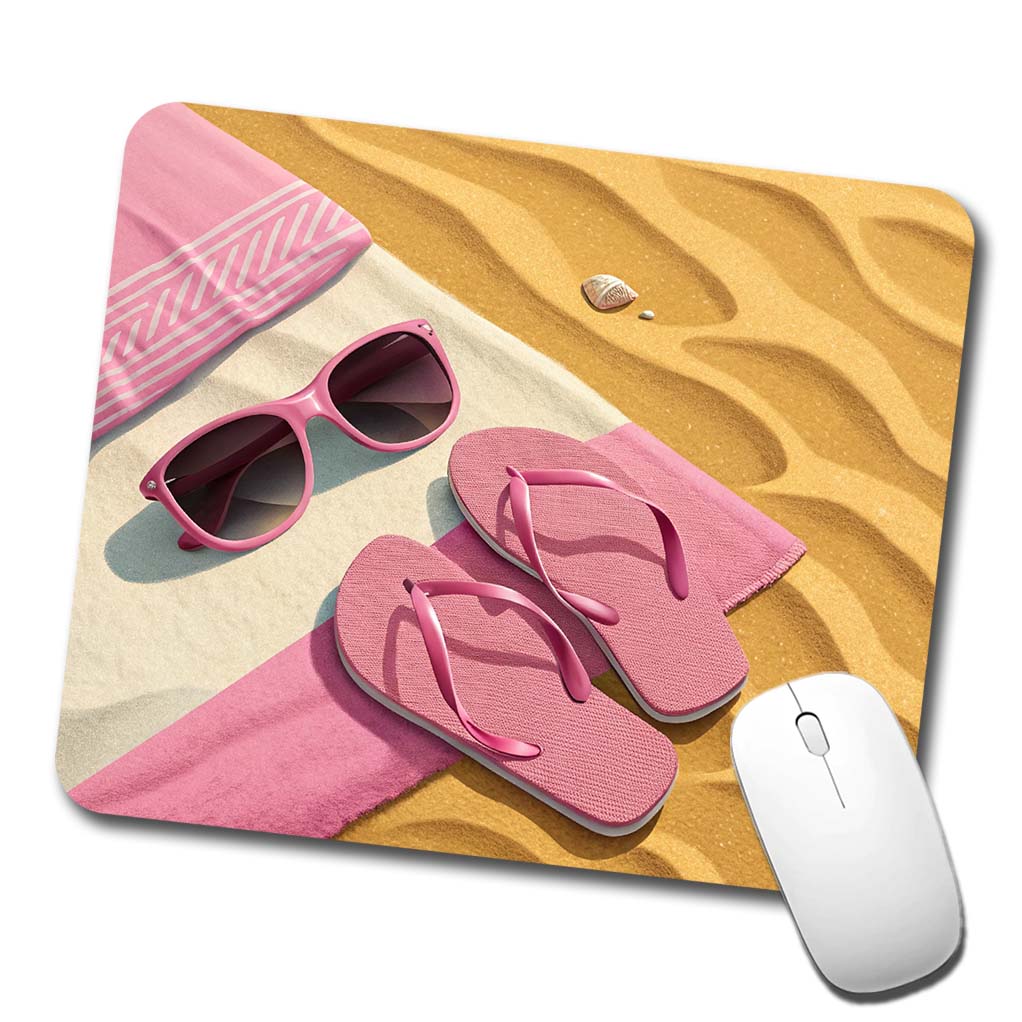 Pink Sunglasses Flip Flops Towel On Sand Cute Low Profile Mouse Pad Mat
