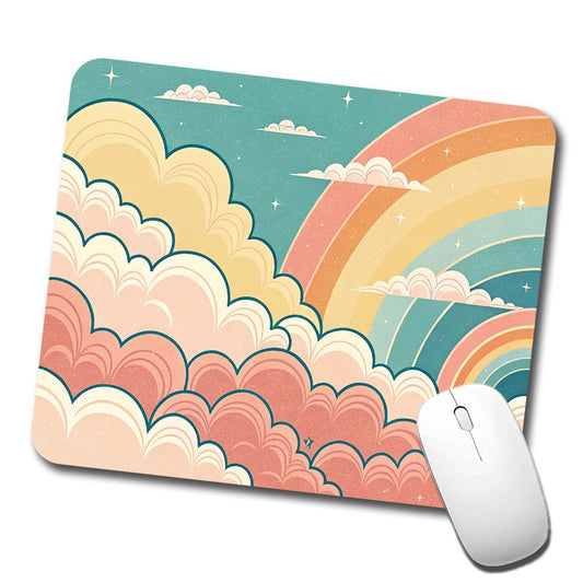Repeating Puffy Clouds Retro Cute Rainbow Low Profile Mouse Pad Mat