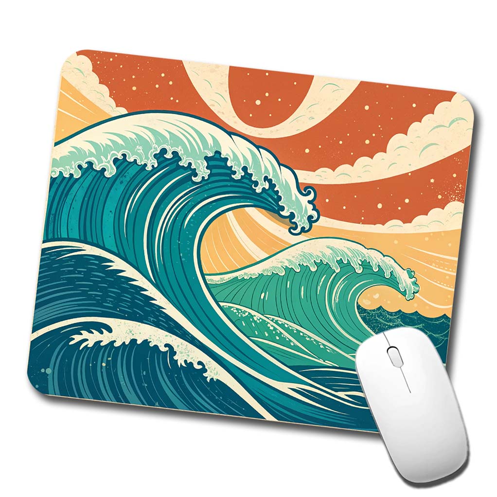 Retro Ocean Waves Colorful Drawing Low Profile Mouse Pad Mat