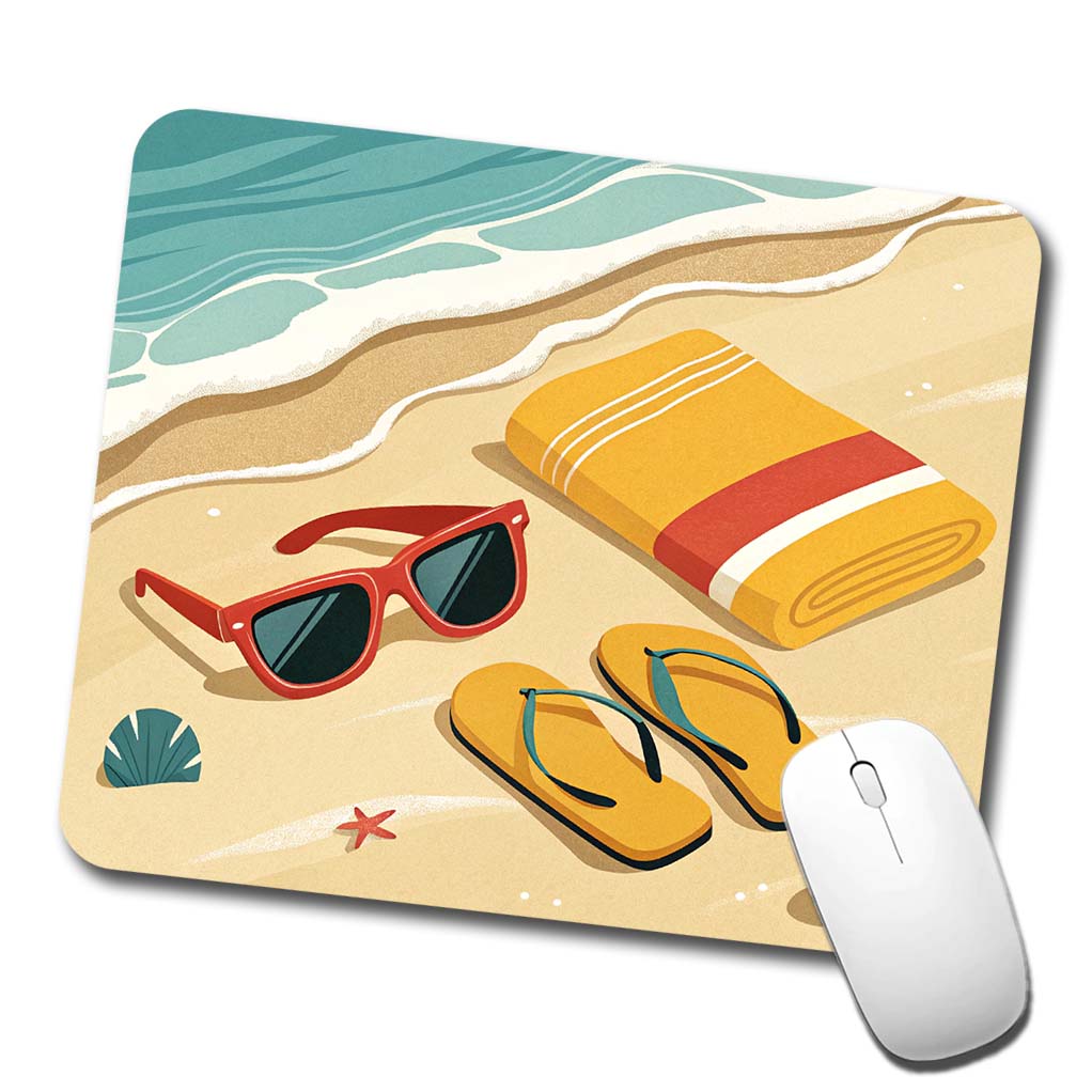 Retro Style Sunglasses Flip Flops Towel On Sandy Beach Low Profile Mouse Pad Mat