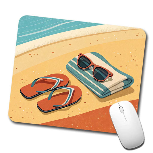 Retro Sunglasses Flip Flops Towel On Sand Beach Ocean Low Profile Mouse Pad Mat