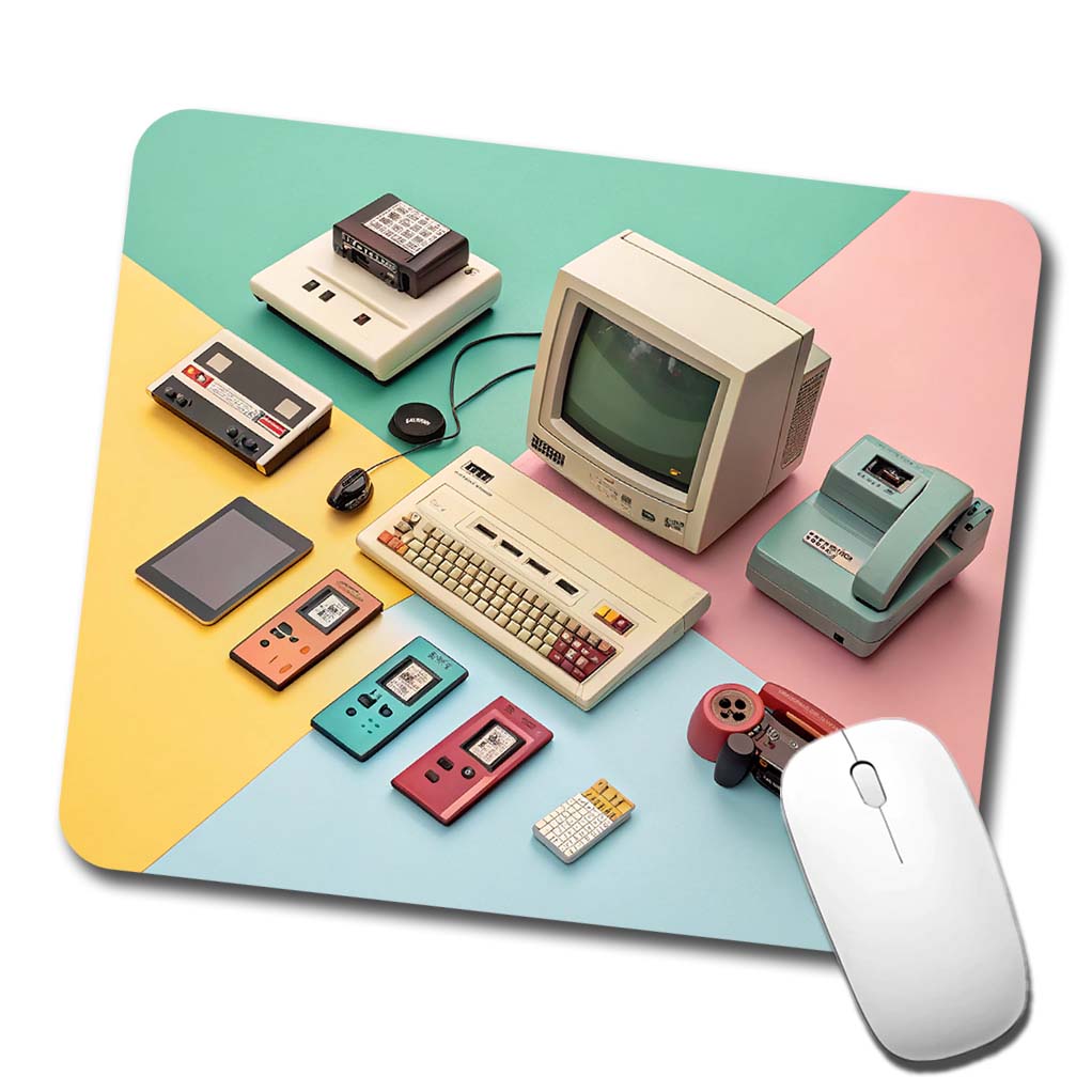Retro Technology Device Computer Collage Low Profile Mouse Pad Mat