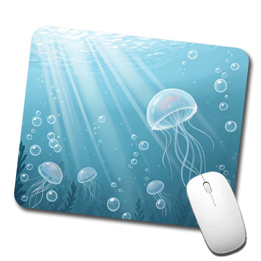 Soft Blue Tones Floating Jellyfish Bubbles Ocean Low Profile Mouse Pad Mat