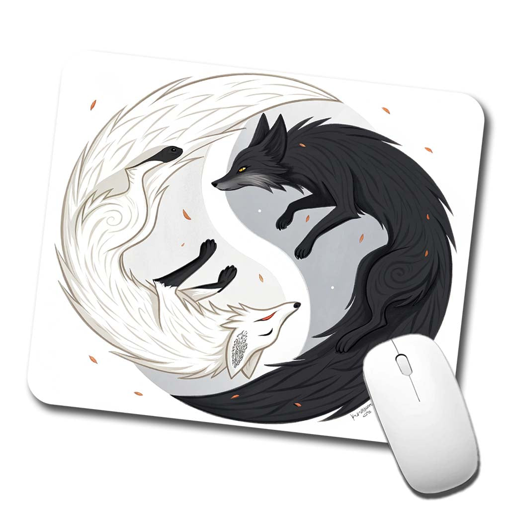 Two Foxes Yin Yang Black White Low Profile Mouse Pad Mat