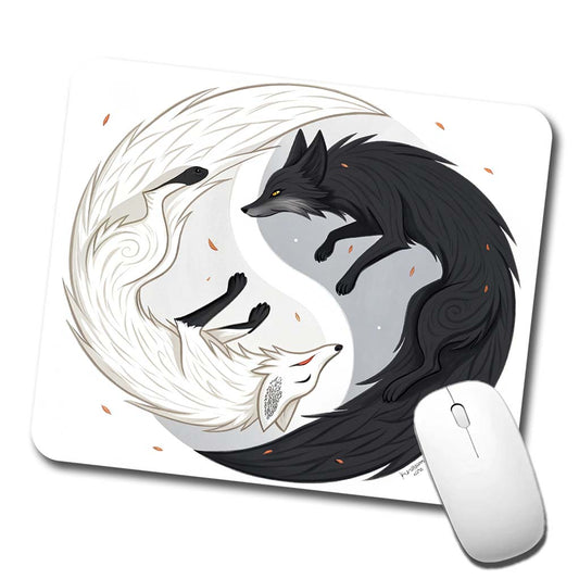Two Foxes Yin Yang Black White Low Profile Mouse Pad Mat