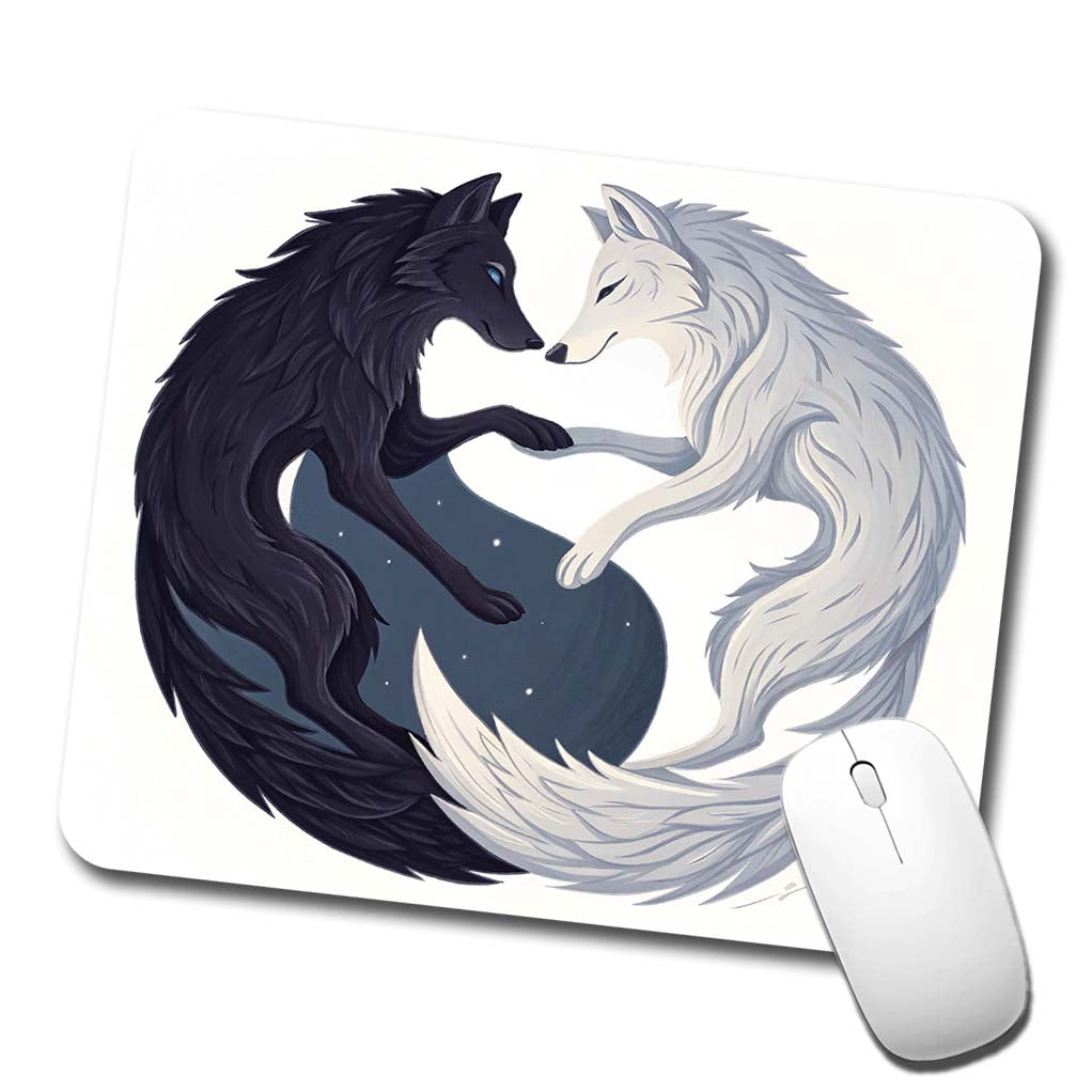 Two Wolves Yin Yang Black White Low Profile Mouse Pad Mat