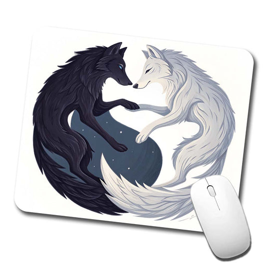 Two Wolves Yin Yang Black White Low Profile Mouse Pad Mat