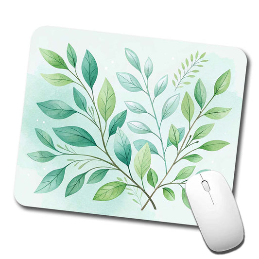Watercolor Green Leaves And Branches Minimalist Low Profile Mouse Pad Mat