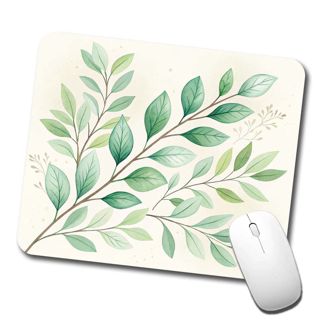 Watercolor Green Leaves And Branches Low Profile Mouse Pad Mat