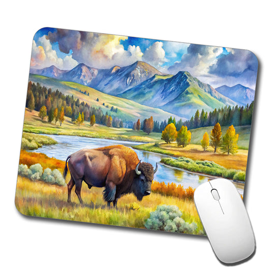 Yellowstone National Park Lamar Valley Watercolor Style Low Profile Mouse Pad Mat