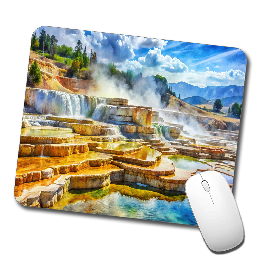 Yellowstone National Park Mammoth Hot Springs Watercolor Style Low Profile Mouse Pad Mat