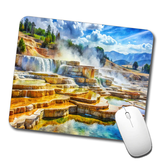 Yellowstone National Park Mammoth Hot Springs Watercolor Style Low Profile Mouse Pad Mat