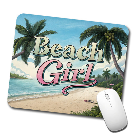 Beach Girl Tropical Beach Palm Trees Low Profile Mouse Pad Mat