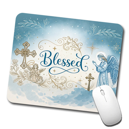 Blessed Religious Angel Blue White Low Profile Mouse Pad Mat