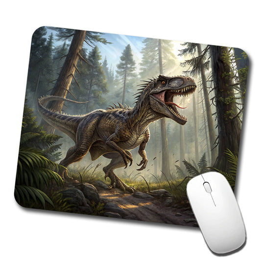 Raptor Dinosaur In Forest Low Profile Mouse Pad Mat