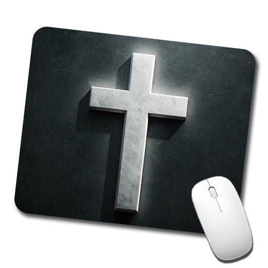 White Cross On Dark Background Religious Low Profile Mouse Pad Mat