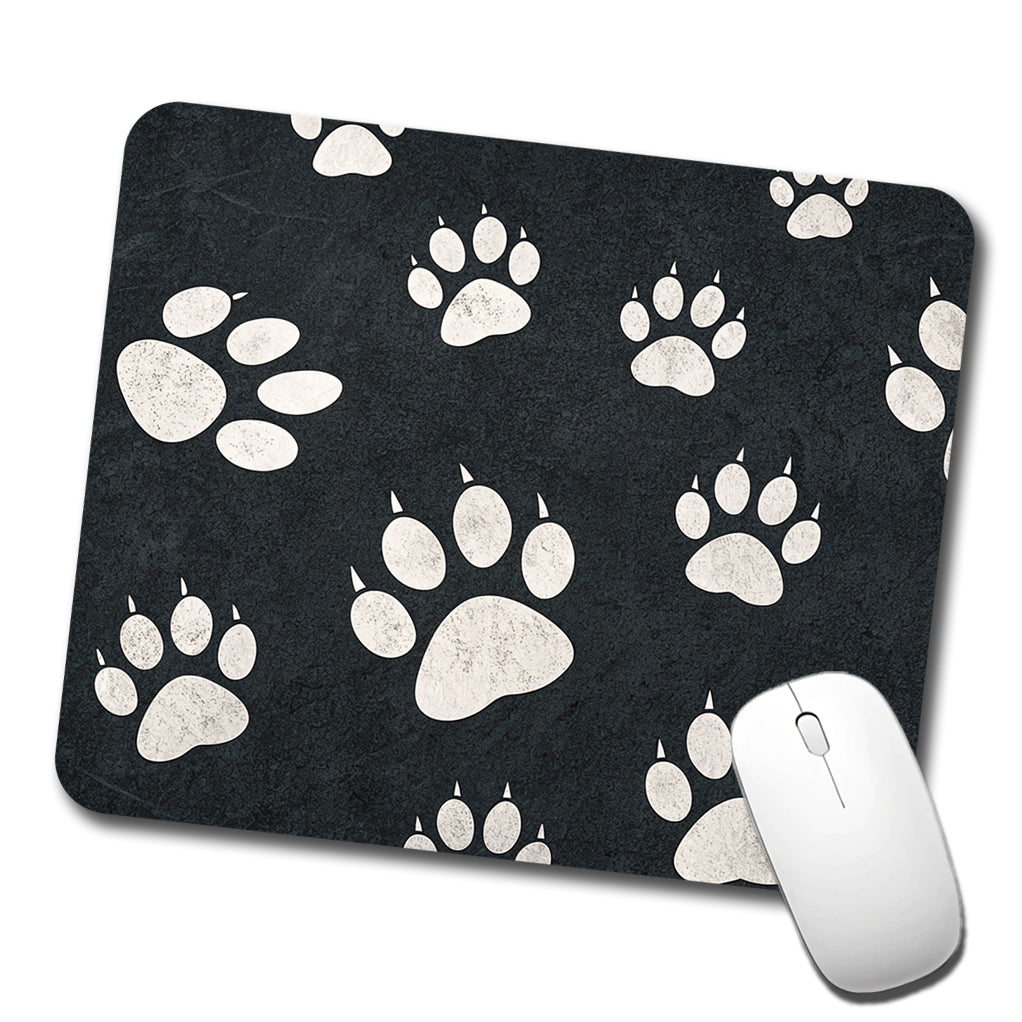 White Paw Prints On Black Pattern Low Profile Mouse Pad Mat