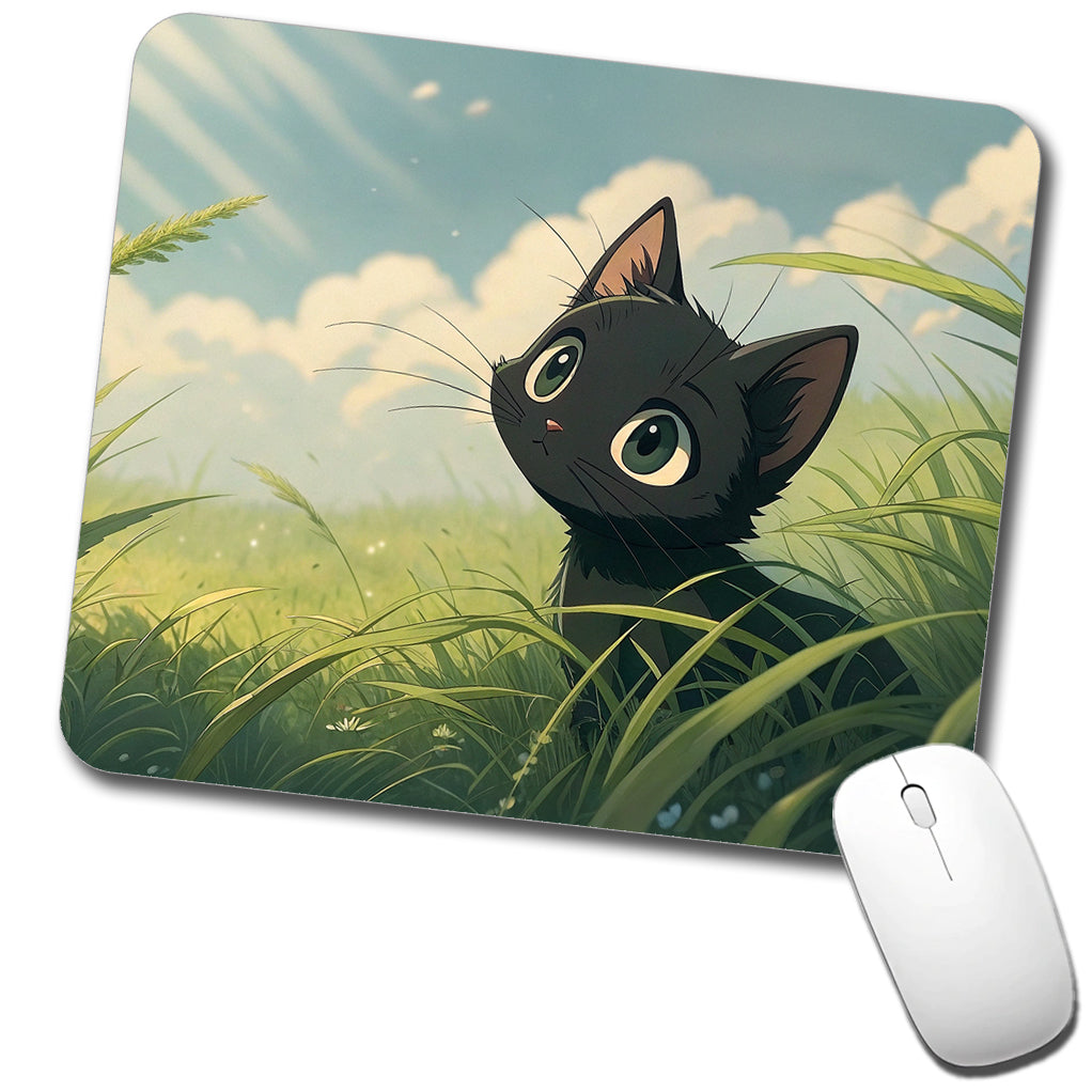 Black Kitten Cat in Field of Grass Anime Style Low Profile Mouse Pad Mat