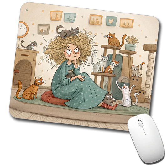 Cartoon of Crazy Cat Lady Home Low Profile Mouse Pad Mat