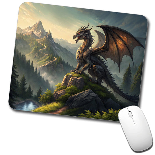 Fantasy Dragon on Mountain Illustration Low Profile Mouse Pad Mat