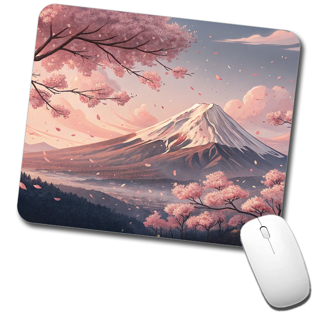 Mount Fuji Blooming Sakura Trees Japanese Illustration Low Profile Mouse Pad Mat
