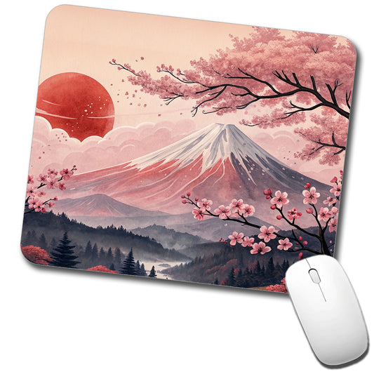 Mount Fuji With Cherry Blossoms Rising Sun Japanese Illustration Low Profile Mouse Pad Mat