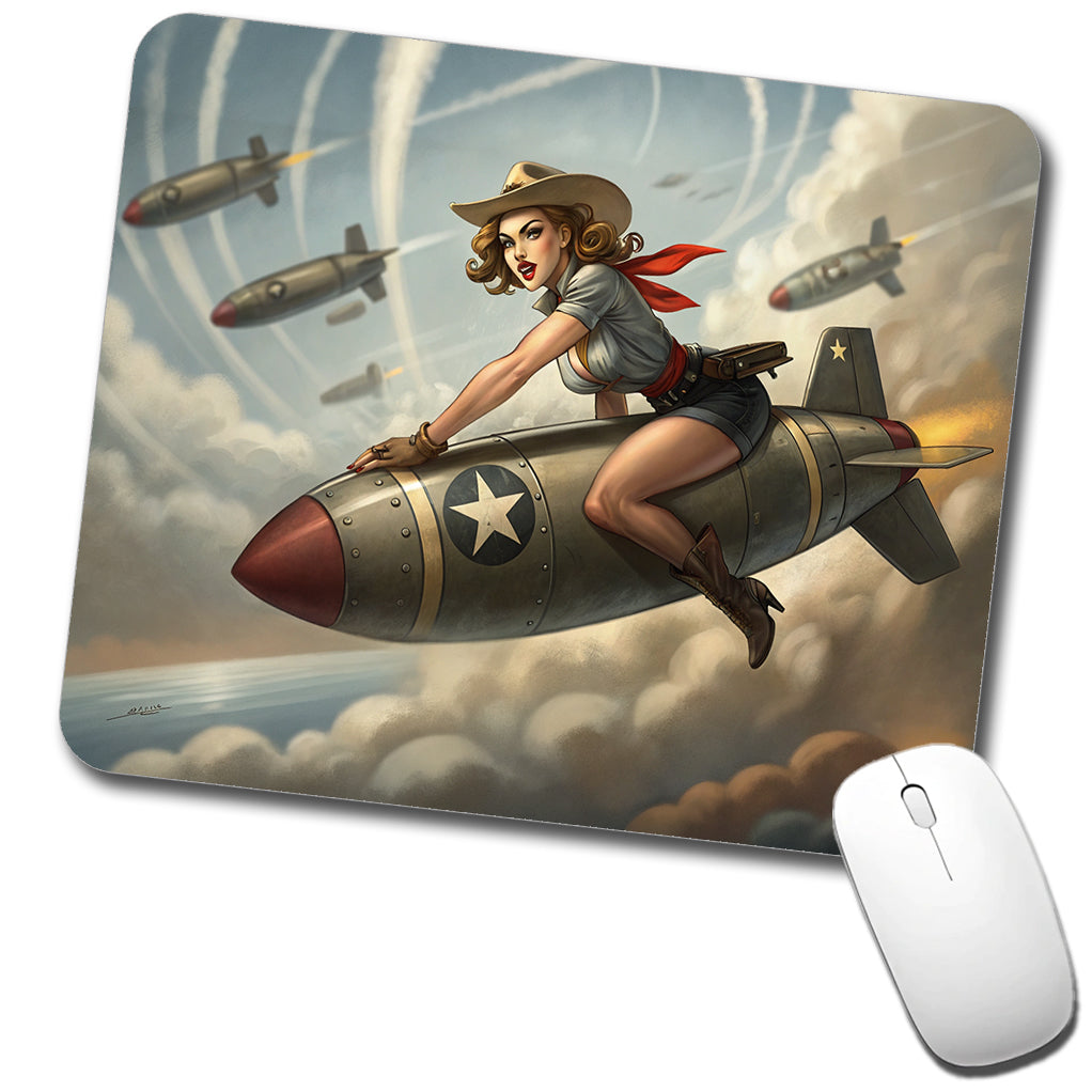Rockabilly Patriotic Pin-Up Cowgirl Riding Bomb Funny Low Profile Mouse Pad Mat