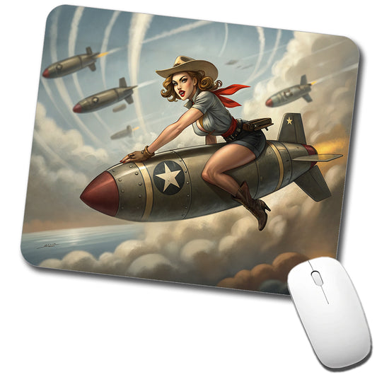 Rockabilly Patriotic Pin-Up Cowgirl Riding Bomb Funny Low Profile Mouse Pad Mat
