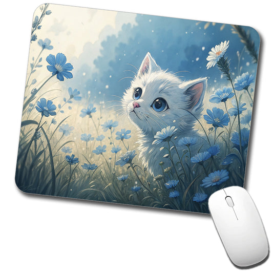 White Kitten in Field Of Blue Flowers Anime Style Low Profile Mouse Pad Mat