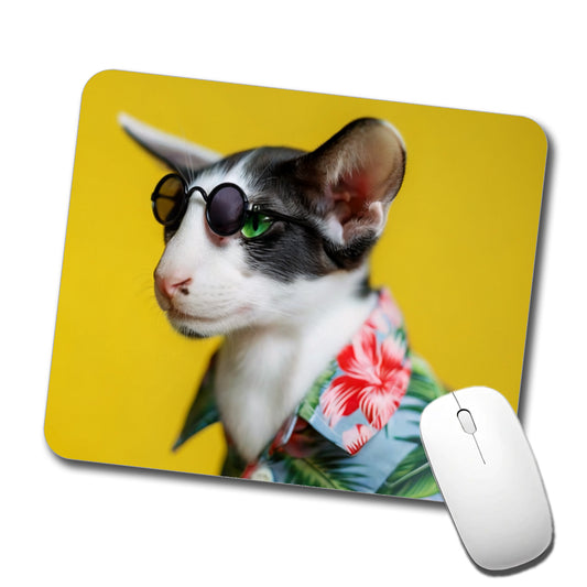 Funny Cat With Glasses And Hawaiian Shirt Low Profile Mouse Pad Mat